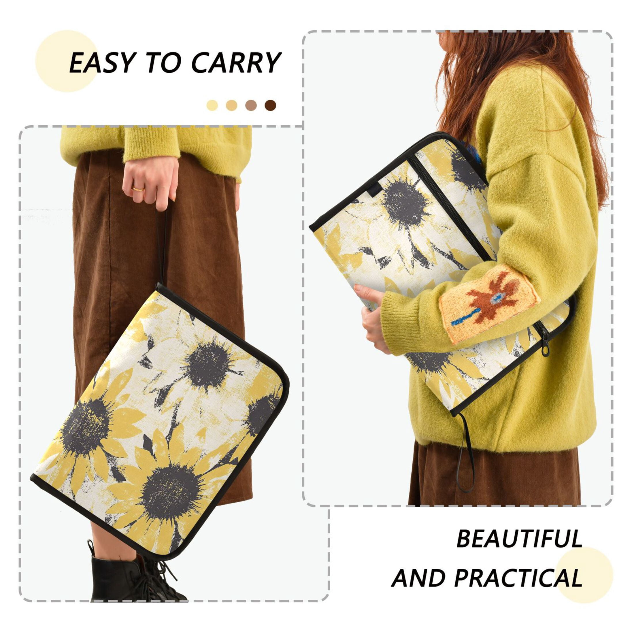 Accordion File Organizer with Zip Closure 13 Pockets Expanding File Folder Letter A4 Paper Document Organizer for Home Office Yellow and White Sunflower