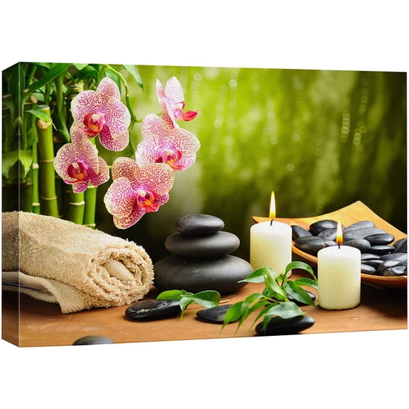 wall26 Canvas Print Wall Art Meditation Yoga Massage Stones Pink Orchid Flowers Nature Wilderness Photography Realism Rustic Landscape Colorful Multicolor for Living Room, Bedroom, Bathroom - 24&quot