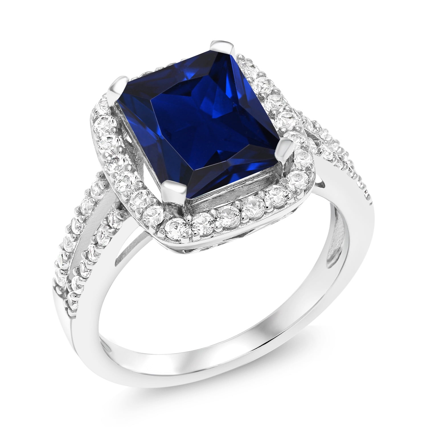 Gem Stone King 4.58 Cttw Blue Simulated Sapphire Engagement Ring for Women | 925 Silver | 10X8MM Emerald Cut | Gemstone Birthstone | Wedding Engagement Anniversary Promise Ring for Women| Size 7