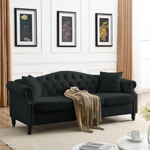 79" Chesterfield Sofa, Black Velvet 3 Seater Tufted Couch with Rolled Arms & Nailhead Trim, Solid Wood Frame, for Living Room, Office, Apartment, Includes 2 Pillows