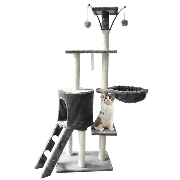 Árbol Trepador y Rascador para Gatos, Torre de Actividades de Varios Niveles, Castillo con Escaleras, Hamaca, Cubiertas de Felpa, Seguro y Duradero de 140cm Alto X 50cm Largo (Gris)