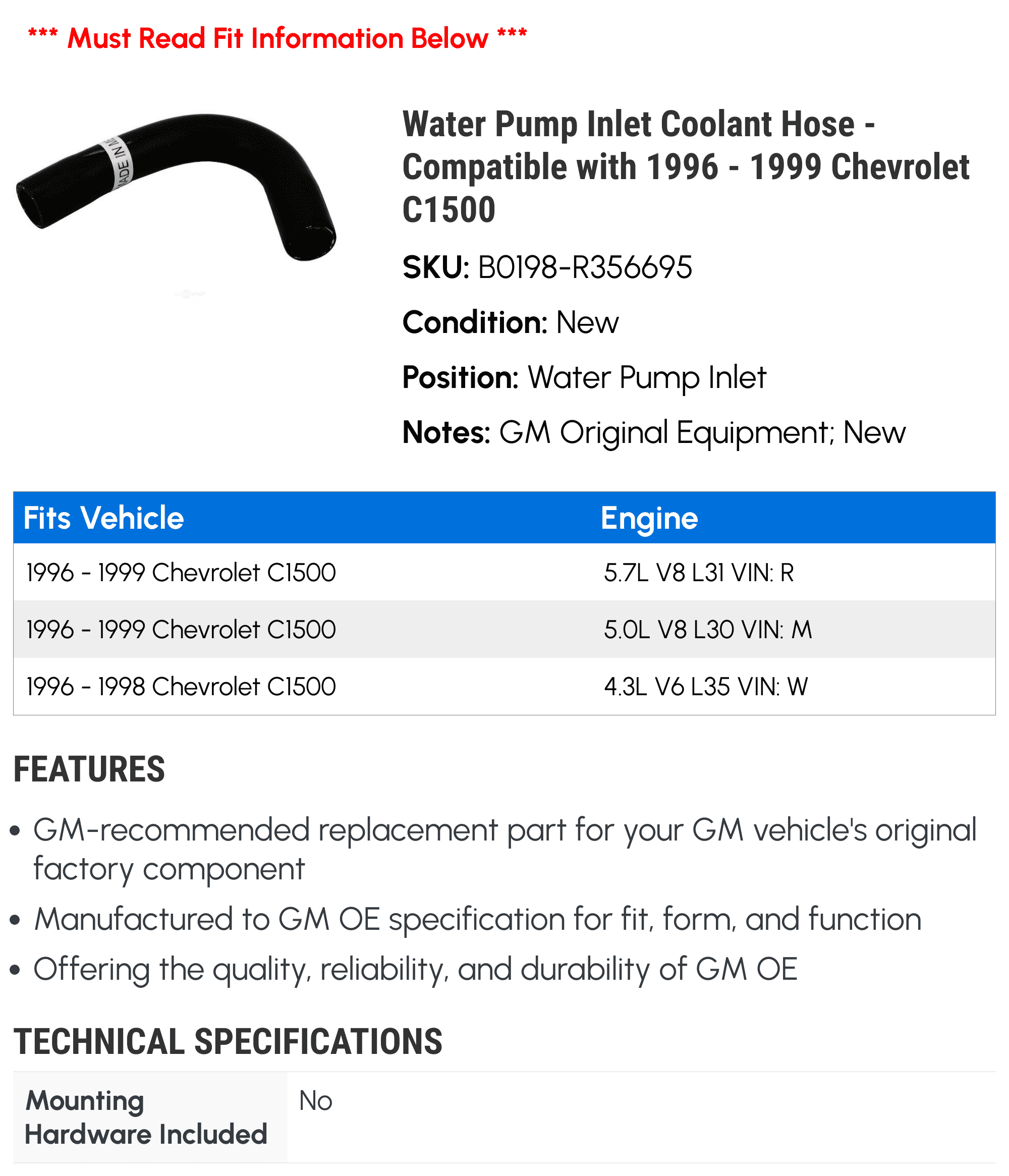 Water Pump Inlet Coolant Hose - Compatible with 1996 - 1999 Chevy C1500 1997 1998