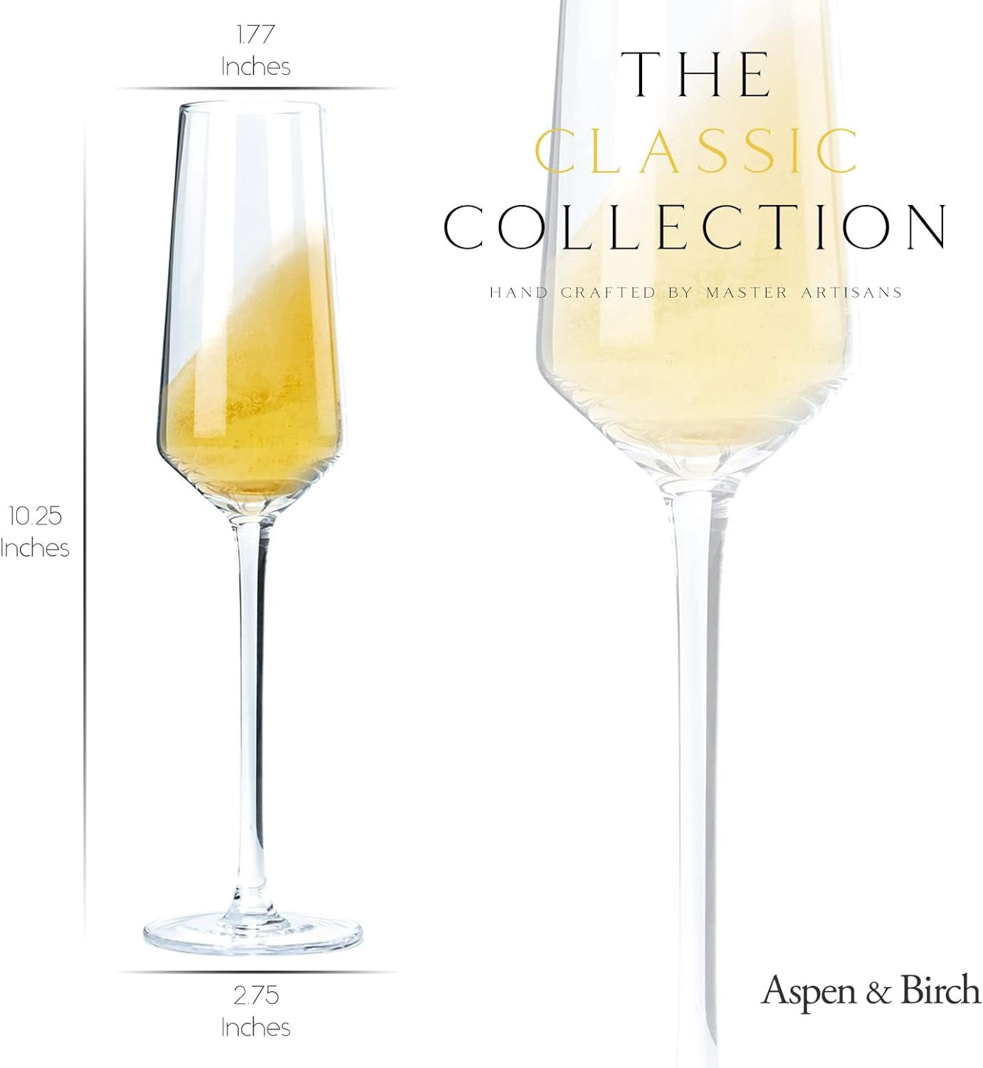 Aspen & Birch - Classic Champagne Flutes Set of 6 - Champagne Glasses - Mimosa Glasses, Premium Crystal Stemware, Clear, 6 oz, Hand Blown Glass Champagne Flutes - Hand Crafted by Artisans