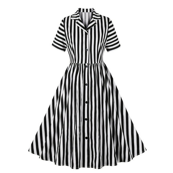 Lovskoo 2024 Womens 1950S Notch Lapel Collar Short Sleeve Striped Vintage A-Line Cocktail Party Swing Dresses Black