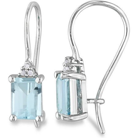 2-3/8 Carat T.G.W. Emerald-Cut Blue Topaz and Diamond Accent Sterling Silver Euro Back Earrings