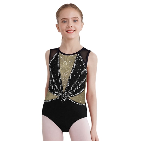 TSSOE Kids Girls Shiny Rhinestone Sleeveless Gymnastics Leotard Ballet Dance Bodysuit Unitard Skating Jumpsuit Black&Gold 16