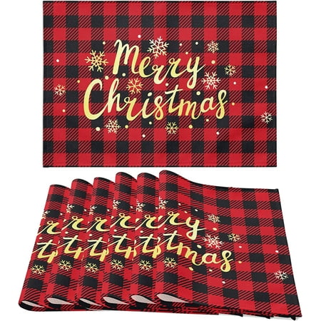 

JOOCAR Christmas Placemats 18x12 Inch Red Black Buffalo Plaid Gold Merry Christmas Snowflake Christmas Placemats Set of 6 Placemats for Home Table Holiday Decorations
