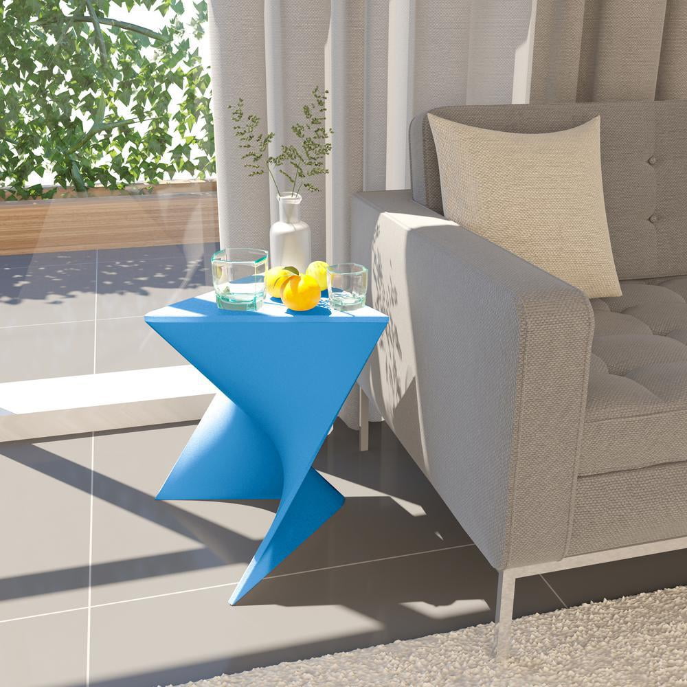 LeisureMod 15.75" Triangular Side Table, Stackable Plastic Accent End Table for Indoor & Outdoor Use, Weather-Resistant Modern Patio & Living Room Table, Set of 2, Blue