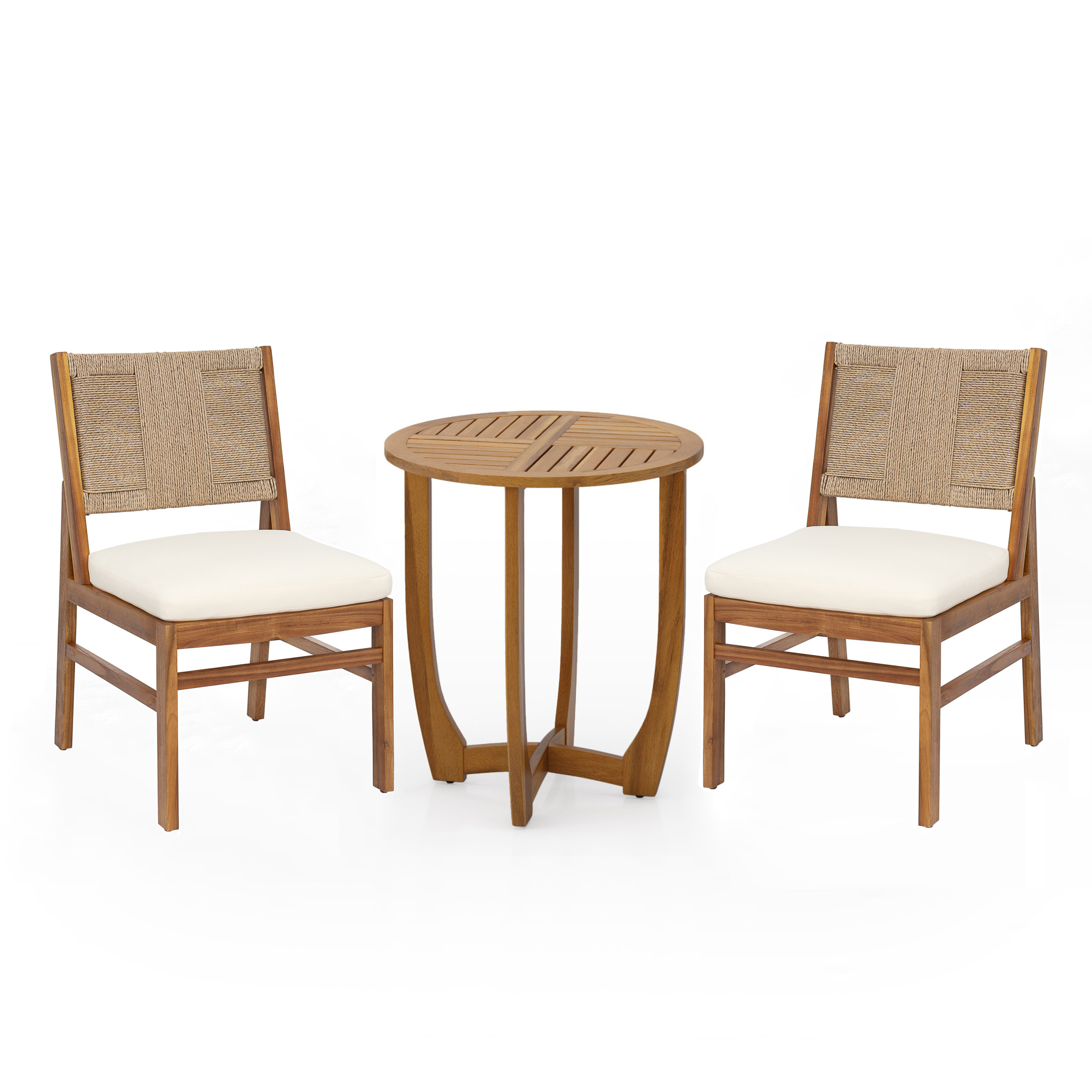 Christopher Knight Home 3-Piece Rustic Outdoor Bistro Set, Round Table with Wicker Chairs, Cream Cushion