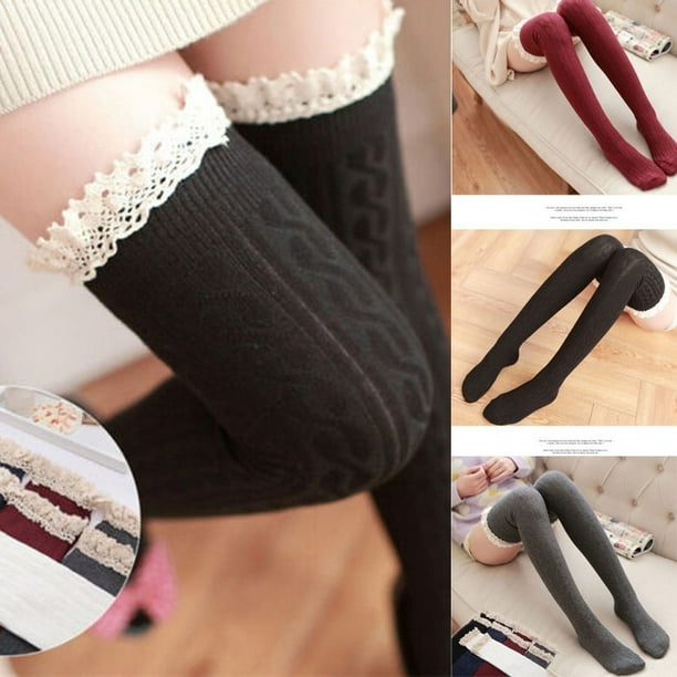 Meihuida Sexy Women Warm Cotton Thigh High Stockings Knit Over Knee Lace Girls Long Socks 