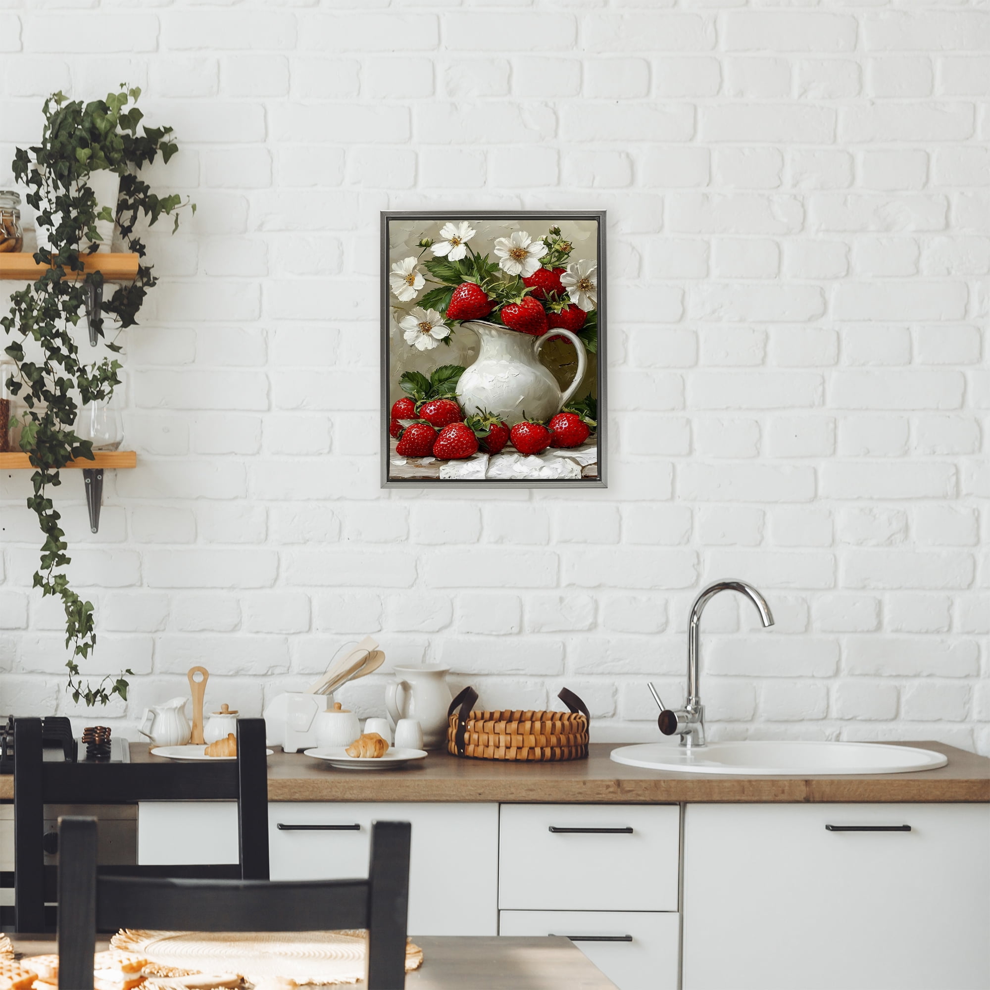 Painterly Strawberries Still Life Gray Framed Floater Canvas Wall Art, design by Lettered and Lined
