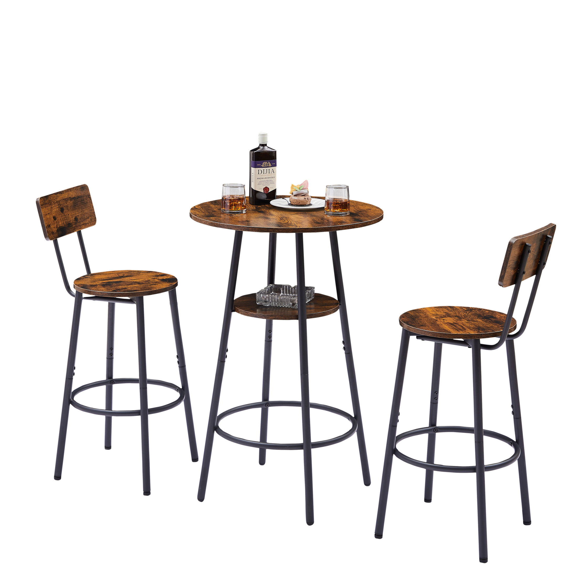 Noble House Round Bar Table with 2 Stools, Storage Shelf & Backrests, Steel Bar Set for Kitchen, Rustic Brown