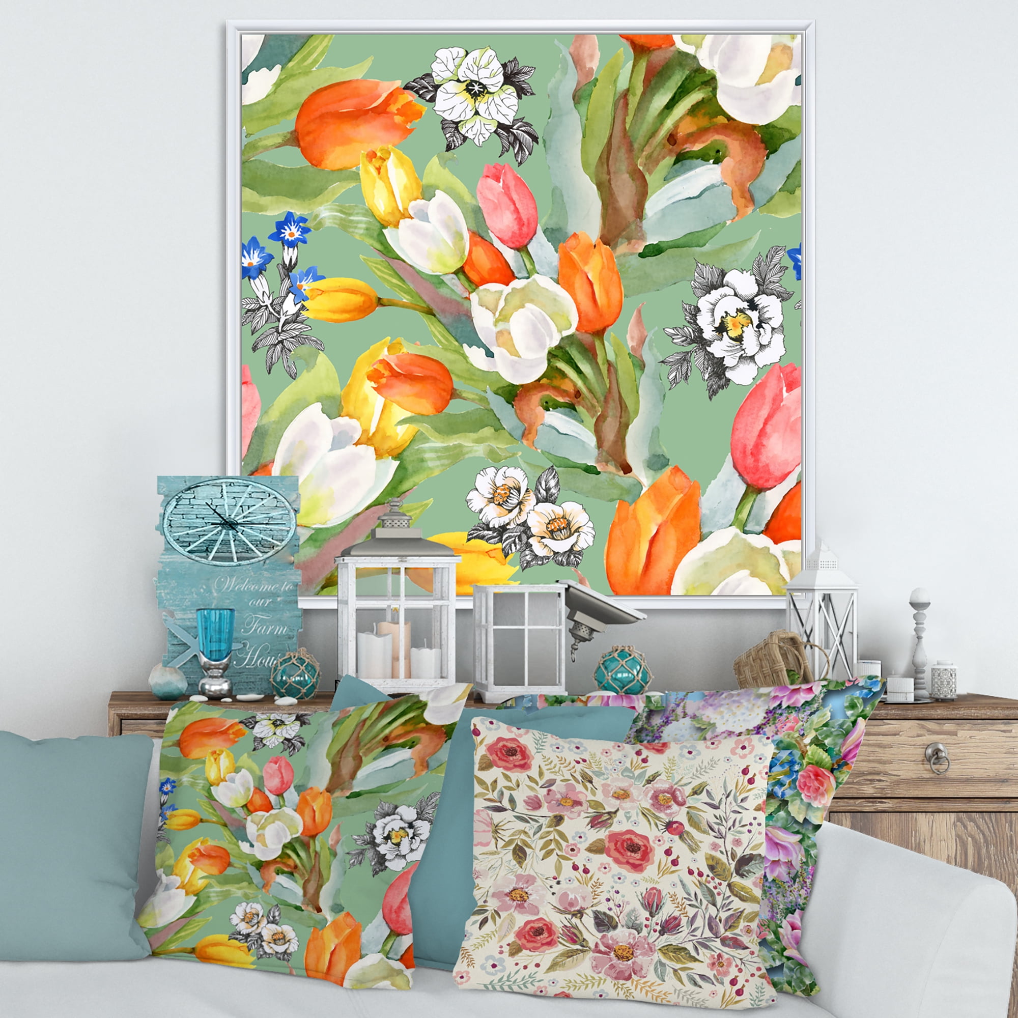Designart 'Blooming Orange and White Tulips II' Traditional Framed Canvas Wall Art Print