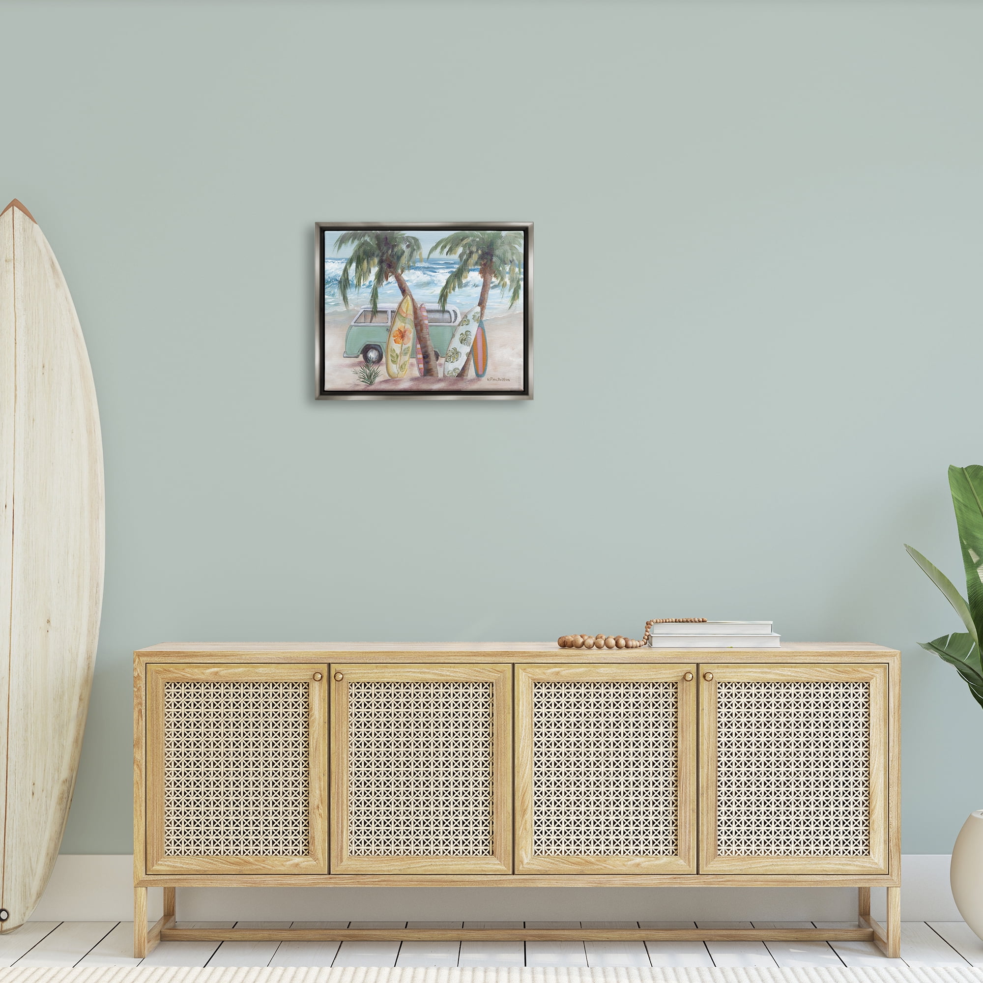 Stupell Summer Waves Tropical Van Surfboards Landscape Painting Gray Floater Framed Art Print Wall Art