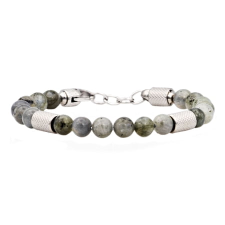 Arista Genuine Labradorite Men's Beaded Bracelet in Stainless Steel, 8.5"