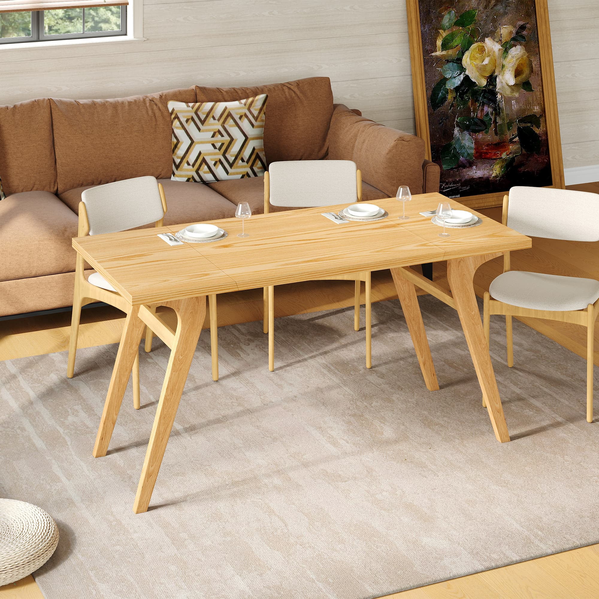 Aukfa 59.5" Rectangle Lift Top Expandable Dining Table, 2-in-1 Solid Wood Coffee Table, Convertible Table for Small Spaces,