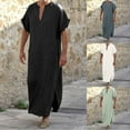 thumbnail image 2 of Men Shirts Summer Kaftan Thobe V Neck Short Sleeve Long Gown Breathable Lightweight Robe Linen Shirts for Men Black L, 2 of 5