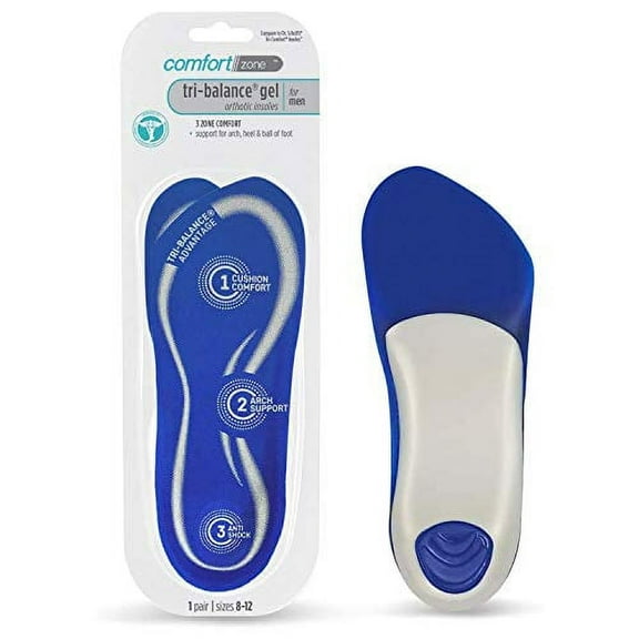 Comfort Zone Tri-Balance Gel Orthotic Insoles for Men, 3/4 Length Inserts for Menâ€™s Shoe Sizes 8-12, 1 Pack