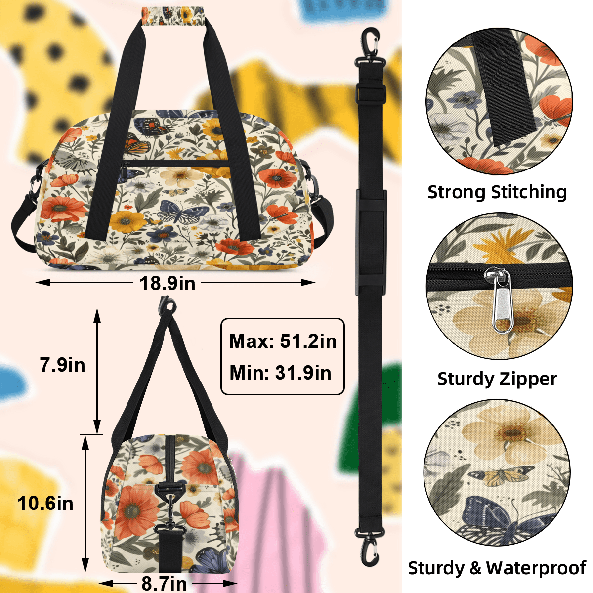 Herdesigns Butterfly Sports Duffle Bag for Women & Men, Flower Gym Bag Dance Bag Overnight Bag Carry On Weekender Travel Bag