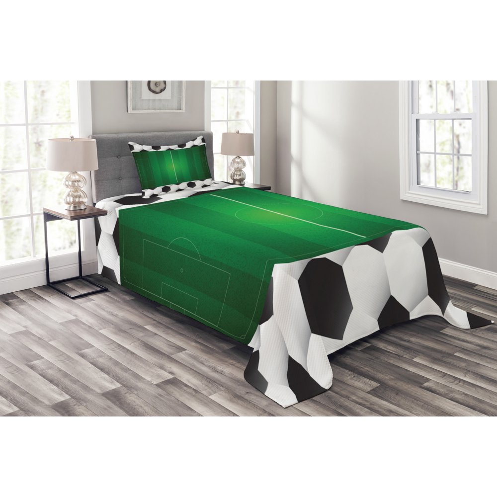 Soccer Bedspread Set Twin Size, Football Field with Hexagonal Ball