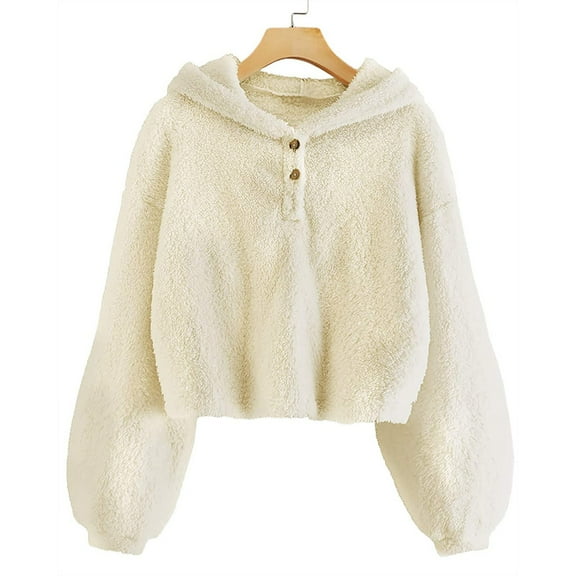 Girl's Fuzzy Hoodies Buffalo Plaid Jacket Solid Comfy Long Sleeves Button Casual Outwear Pullover Winter Sweatshirts for Teen Girls 10-12 Years