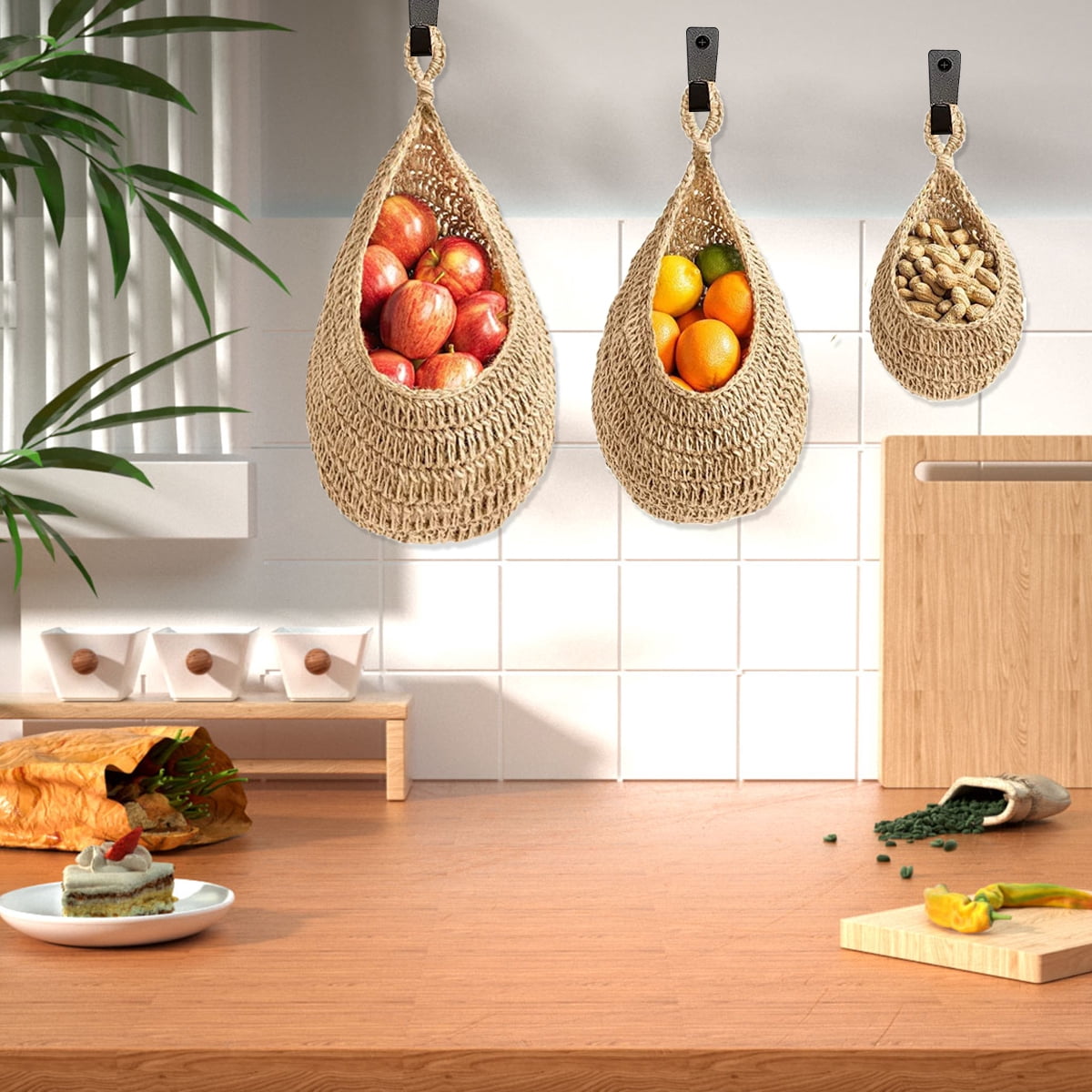 Hanging Baskets Kitchen Boho Jute Hanging Basket Woven Wall Decorative Vegetable Fruit Baskets Potato Garlic Onion Storage 3 Pcs