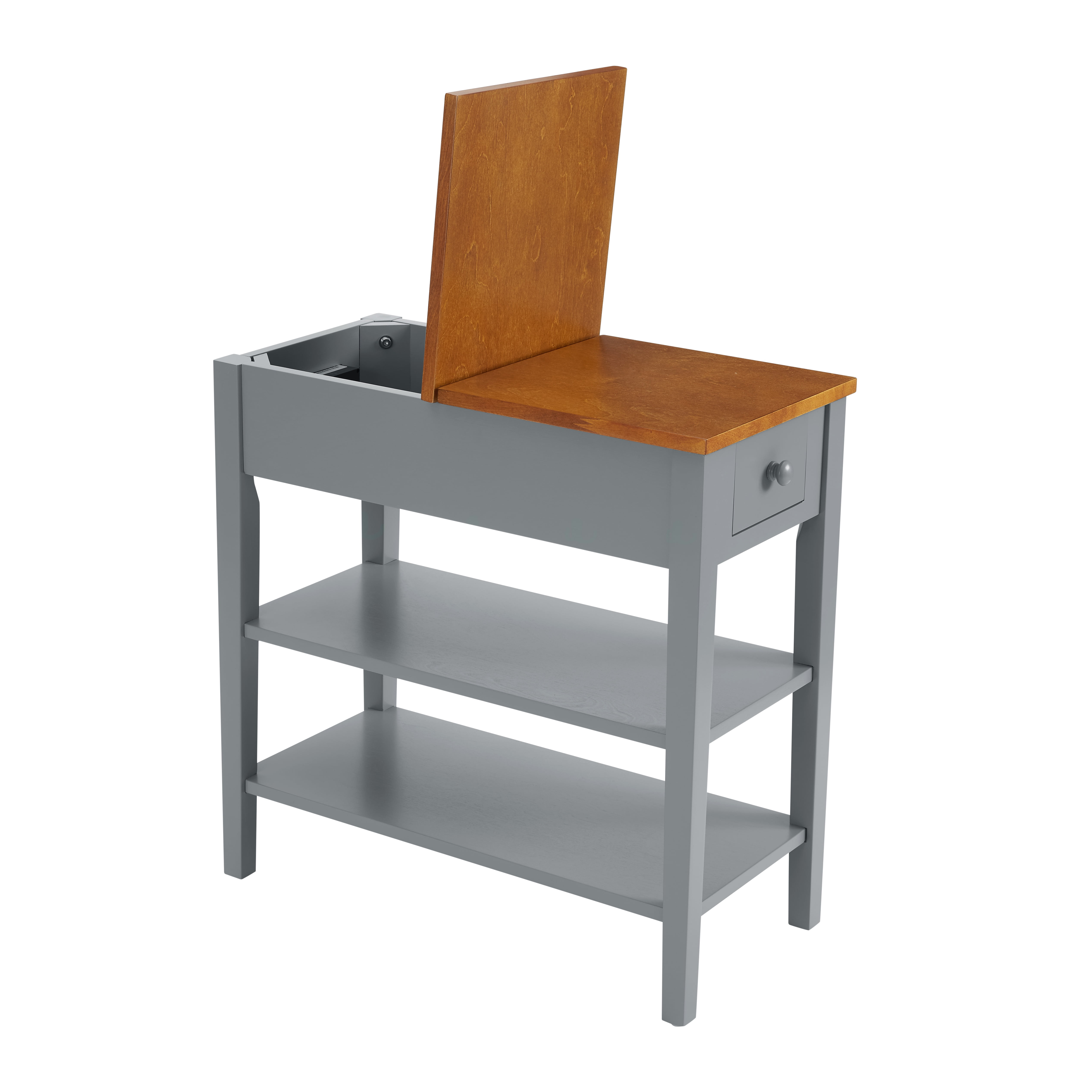 PORKISS End Table, Wooden Night Stand with USB Charging Ports and Open Shelves, Narrow Beside Table with Drawer, Flip Top and Solid Wood Legs, Modern Side Table for Living Room Bedroom, Gray/Walnut