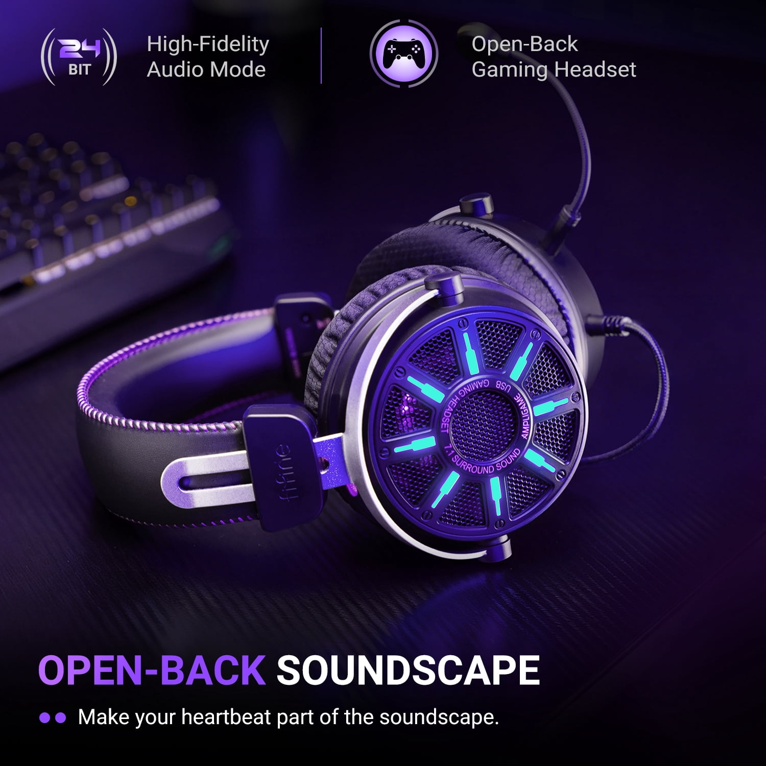 FIFINE Open-Back Gaming Headset for PC Computer, PS5/PS4, Wired Headphones with Noise-Cancelling Microphone, 7.1 Surround Sound, EQ Modes, RGB Lighting