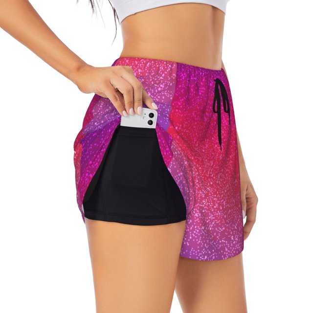 Balery Light Purple Glitter Pantalones cortos deportivos para mujer con forro y dos bolsillos, elásticos, para entrenamiento, gimnasio, yoga-XX-Large