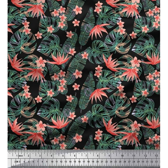 Soimoi Cotton Duck Fabric Tropical Leaves,Plumeria & Heliconia Floral Decor Fabric Printed Yard 42 Inch Wide