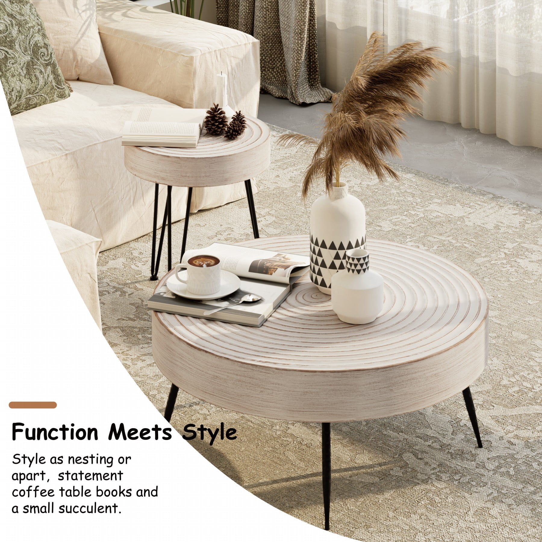 COZAYH Rustic Handmade Ring Pattern MDF and Metal Coffee Table, White