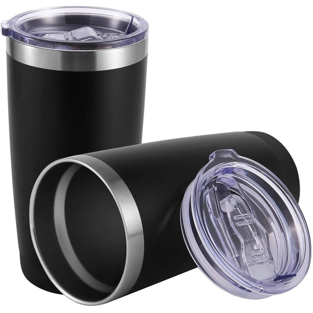 Vaso de 20 oz, taza de café aislada al vacío de acero inoxidable, taza de viaje de doble pared con tapa para bebidas frías y calientes (paquete de 2, negro) Adepaton LRWJ258-8