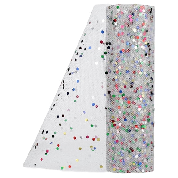 White with Multicolor Chunky Glitter Tulle Christmas Ribbon, 6" x 9', by Holiday Time