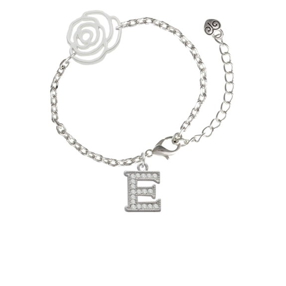 Delight Jewelry Silvertone Crystal Initial - E - Silver-tone Flower Link Chain Bracelet, 6.75" 2" Extender