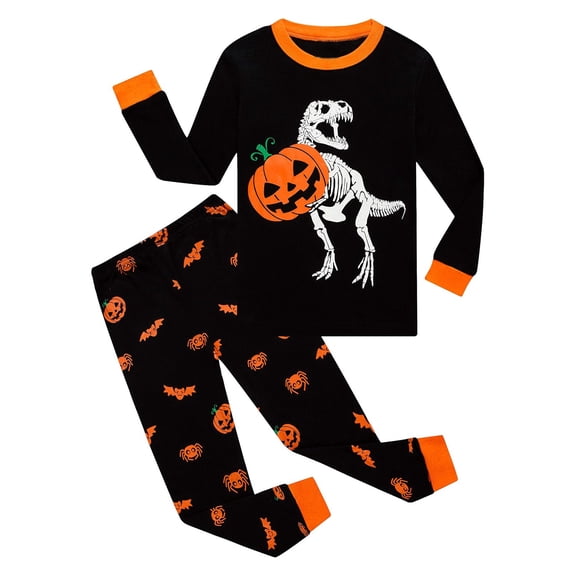 oqasdz Halloween Toddler Kids Boys Pajamas Pumpkin Dinosaur Pattern 2 Piece Pjs Set Long Sleeve Sleepwear Home Outfits Clothes Sets,Black,Size 7 Y-8 Y