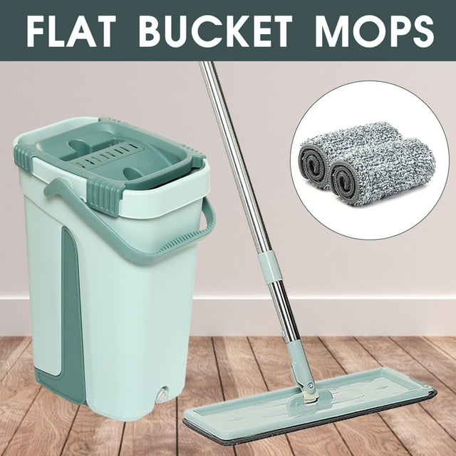 Hand-free Flat Squeeze Mop Bucket Set Floor Cleaning Wet & Dry Use W/ 2Pcs Microfiber Mop Pad