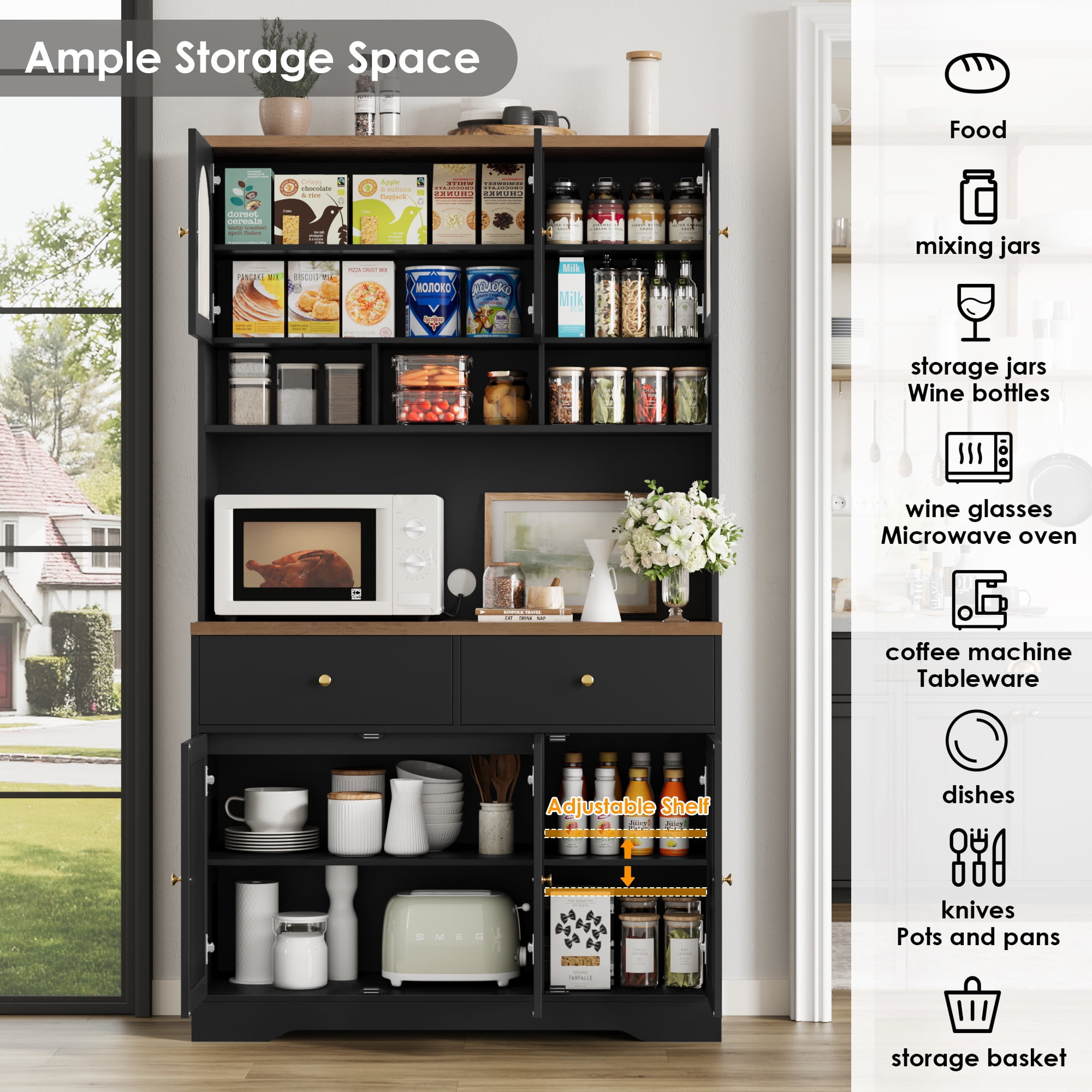 Hiphuta 71"in Modern Kitchen Pantry Storage Cabinet, Freestanding Coffee Kitchen Hutch Cabinet with Adjustable Shelves & Microwave Stand, Modern Coffee Hutch for Dining Room, Black