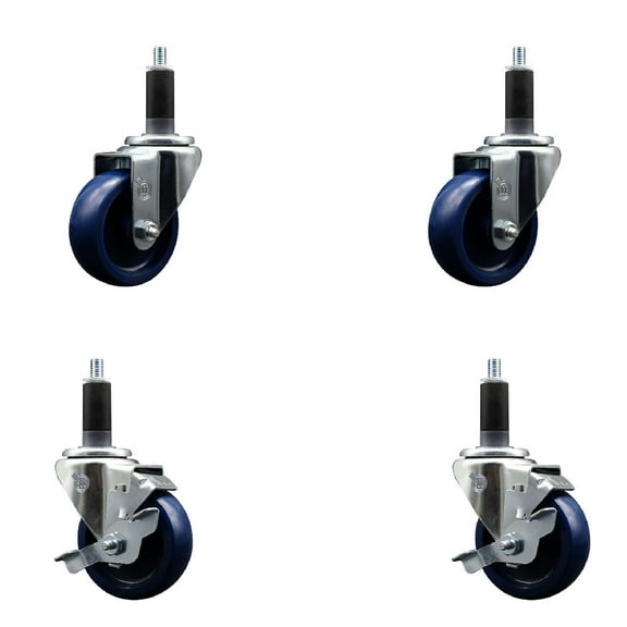 3.5 Inch Solid Poly Wheel Swivel 1-1/8 Inch Expanding Stem Caster Set 2 Brakes