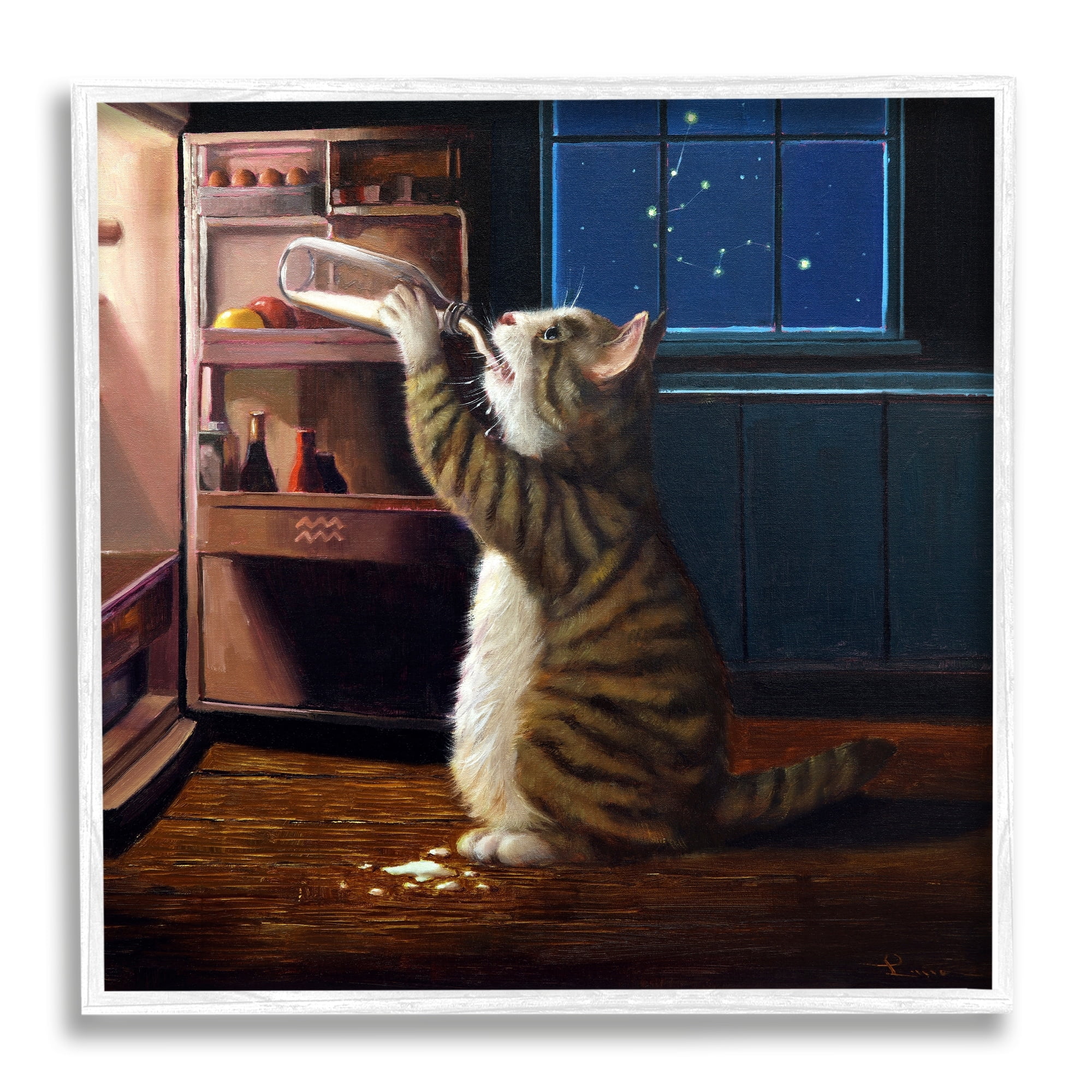 Stupell Industries Midnight Snack Cat Drinking Milk Kitchen Aquarius Symbol Painting White Framed Art Print Wall Art, Design by Lucia Heffernan