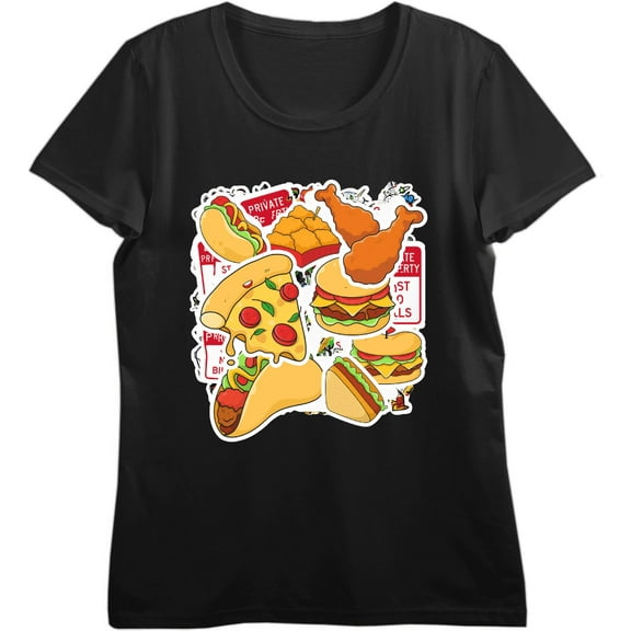 Fast Food Stickers Women's Black Crew Neck Short Sleeve Top-Medium