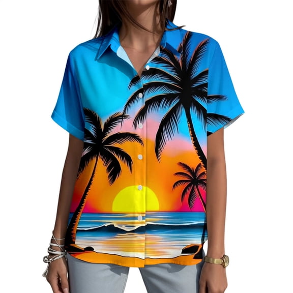 Ankishi Tropical Shirts for Women Palm Tree Print Summer Casual Shirts Fashion Button Up Tops for Beach Vacation