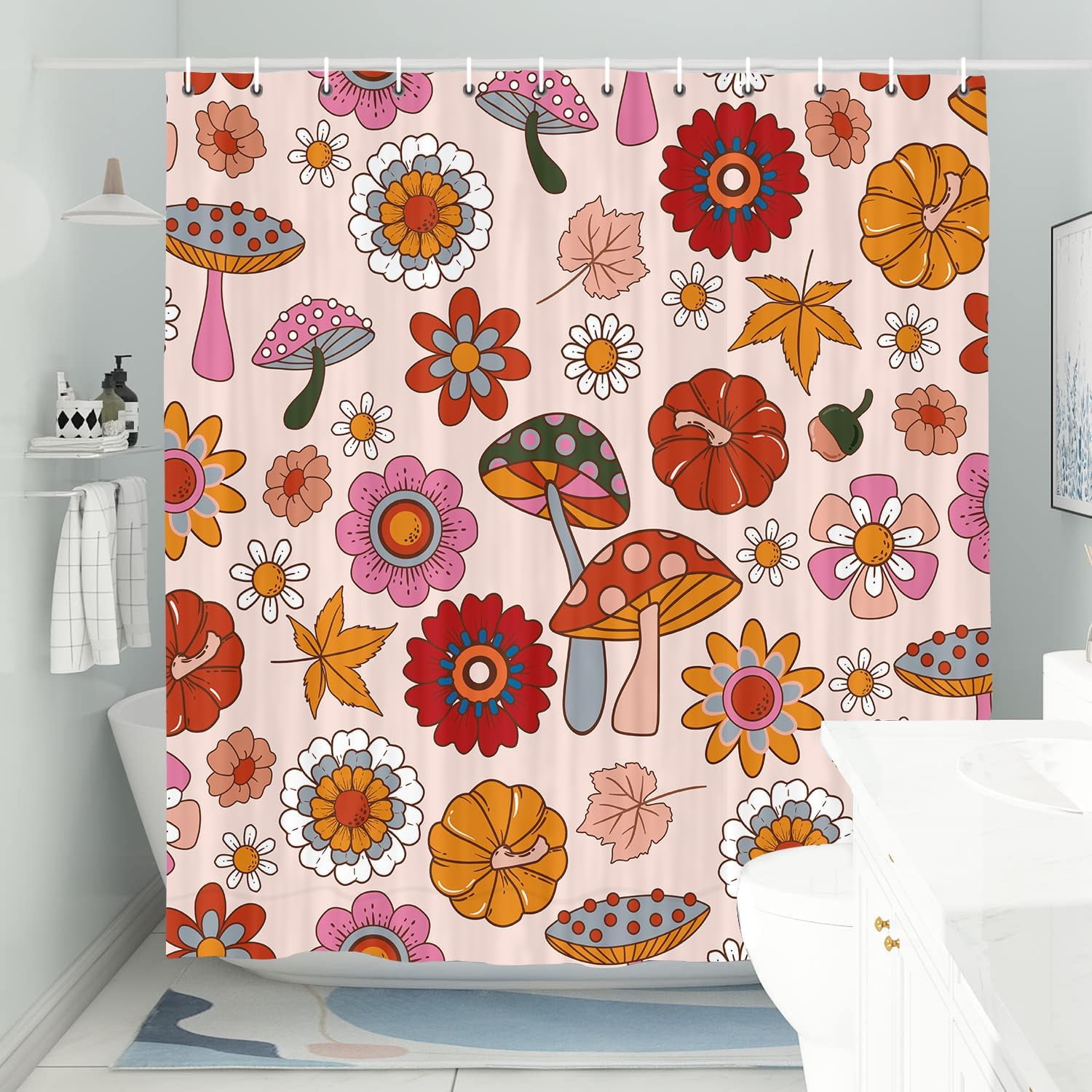 Retro Sun Flower Shower Curtain, Vintage Hippie Funky 70s Sun Flowers Shower Curtains for Bathroom Decor, Boho Colorful Floral Shower Curtain Set with 12 Hooks, 72X72in