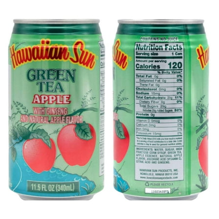 Hawaiian Sun Drink, Green Tea Apple, 11.5 Fl Oz Pack of 6