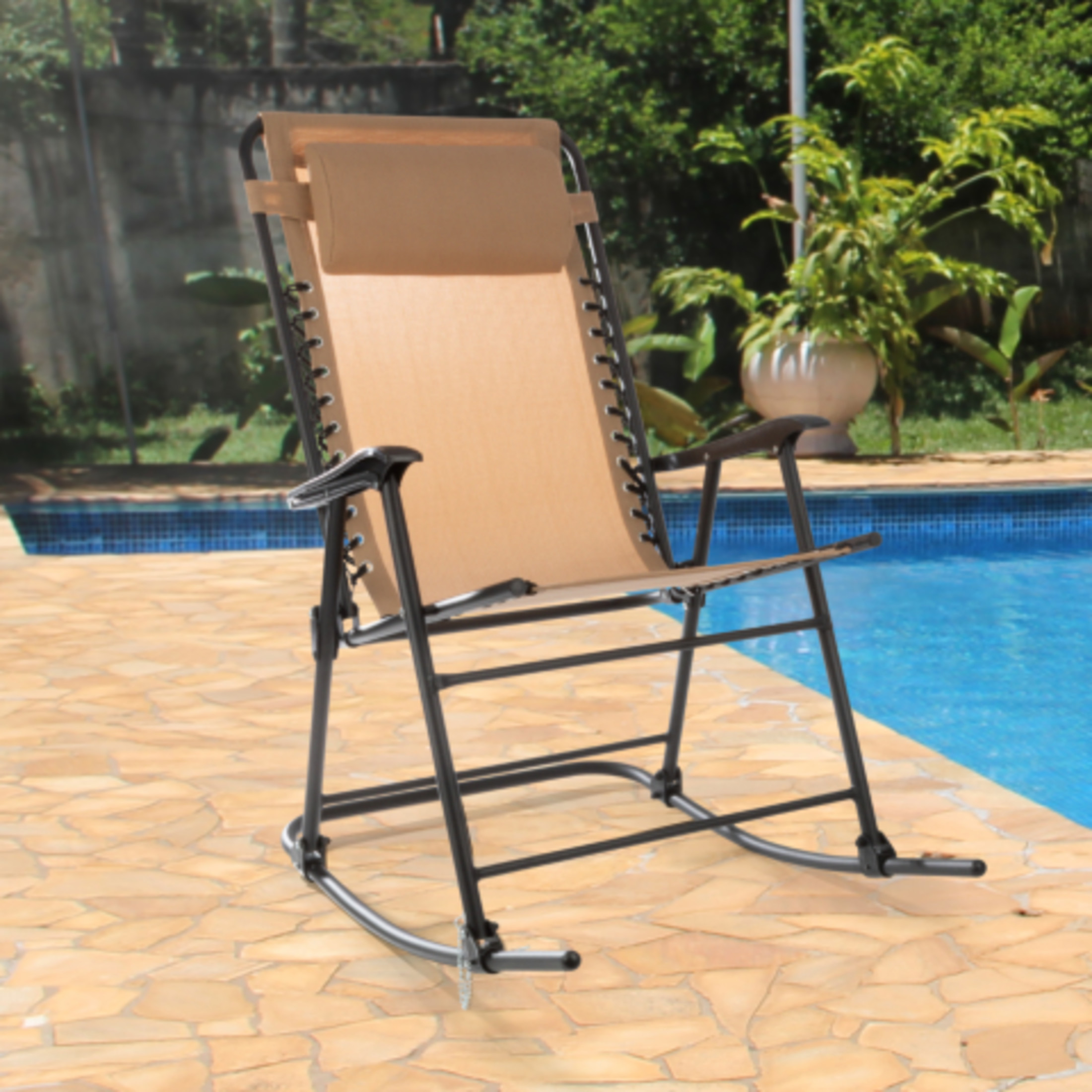 Lavish Home Outdoor Rocking Chair – Foldable Camping Chair with Pillow, Bungee Support and 309 lbs Capacity, Beige
