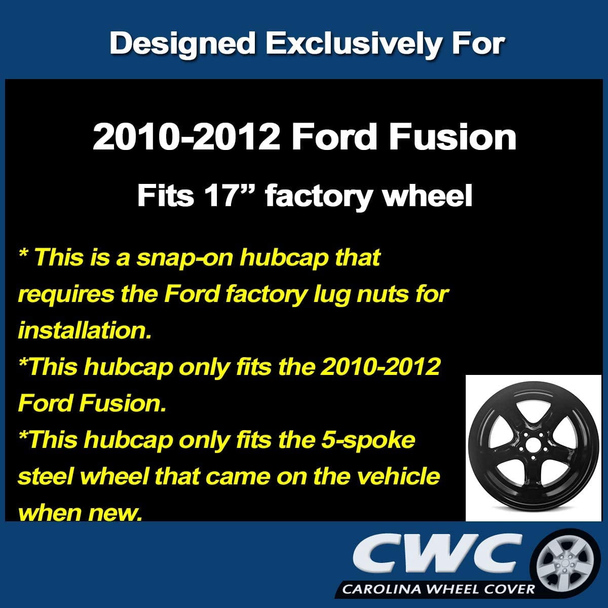 Carolina Wheel Cover 17" Premium Replica Hubcap for Ford Fusion 2010-2012 Replacement (Single Hubcap)