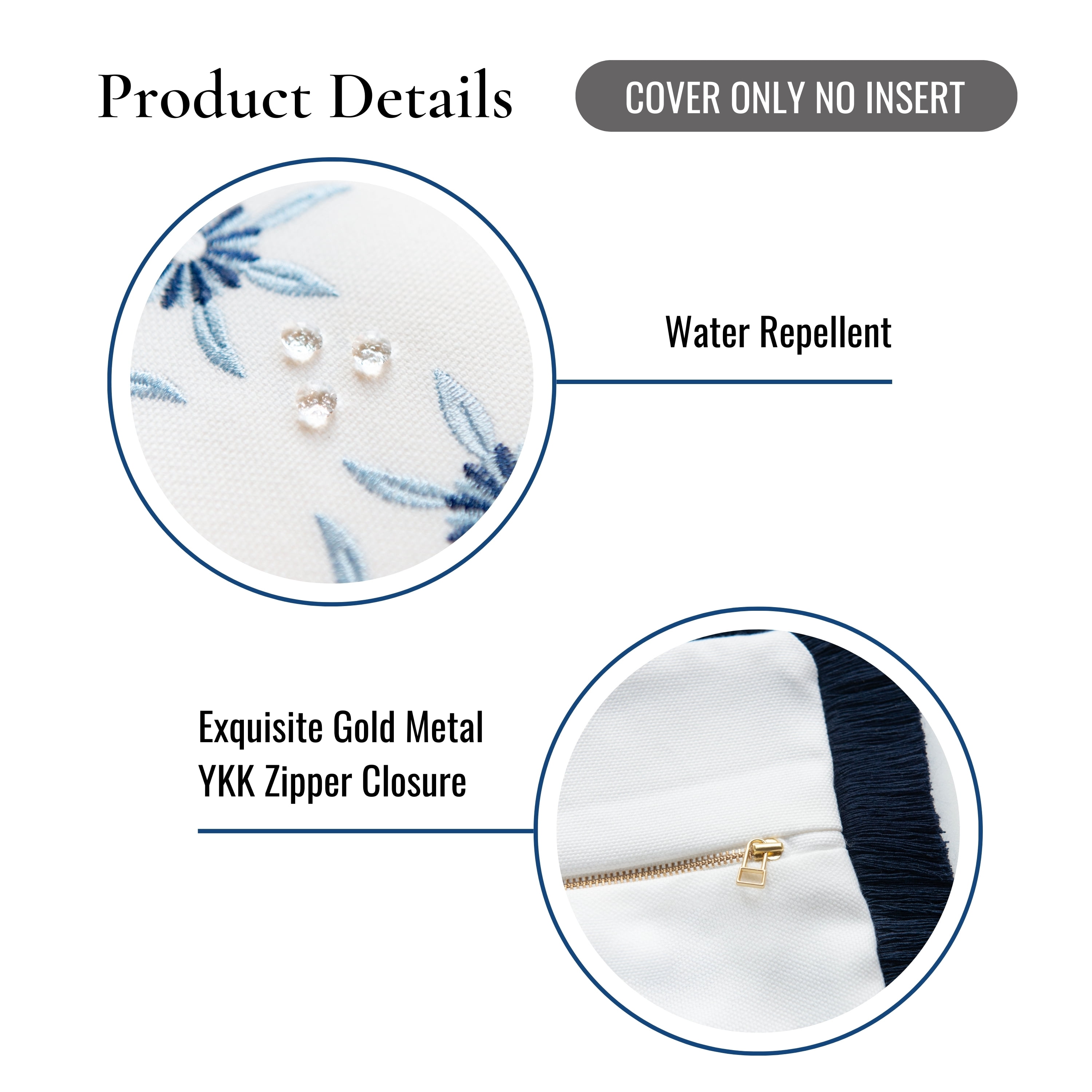 Hofdeco Premium Coastal Patio Indoor Outdoor Lumbar Pillow Cover Only, 12"x20" Water Repellent for Backyard, Couch, Navy Blue Embroidered Floral with Fringe