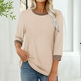 thumbnail image 2 of UVEASISHA Color Block T-shirts for Women 3/4 Length Sleeve Crewneck Tops Loose Fit Mid-length Pullover Blouse Tops de moda para mujer Khaki S, 2 of 8