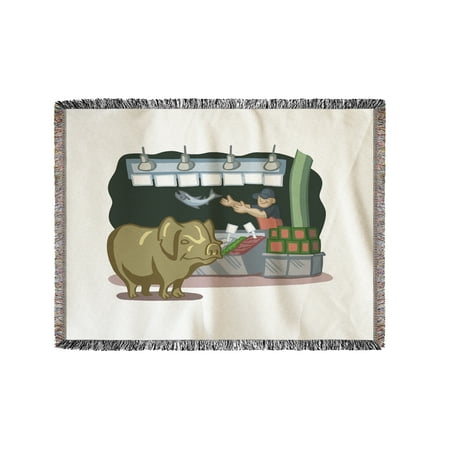 Seattle, Washington - Pike Place Market - Cartoon Icon - Image Only - Lantern Press Artwork (60x80 Woven Chenille Yarn Blanket)