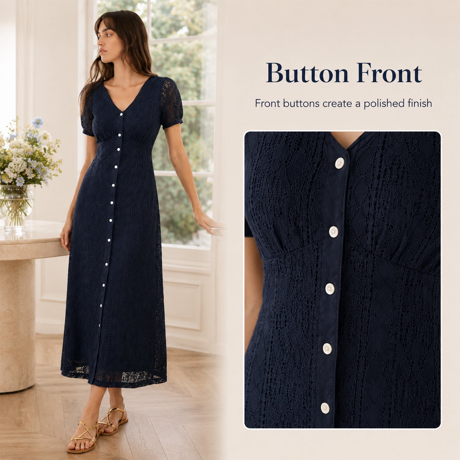 Alvantor Women's Navy Lace Maxi Dress with V-Neck, Short Puff Sleeves and Button Front