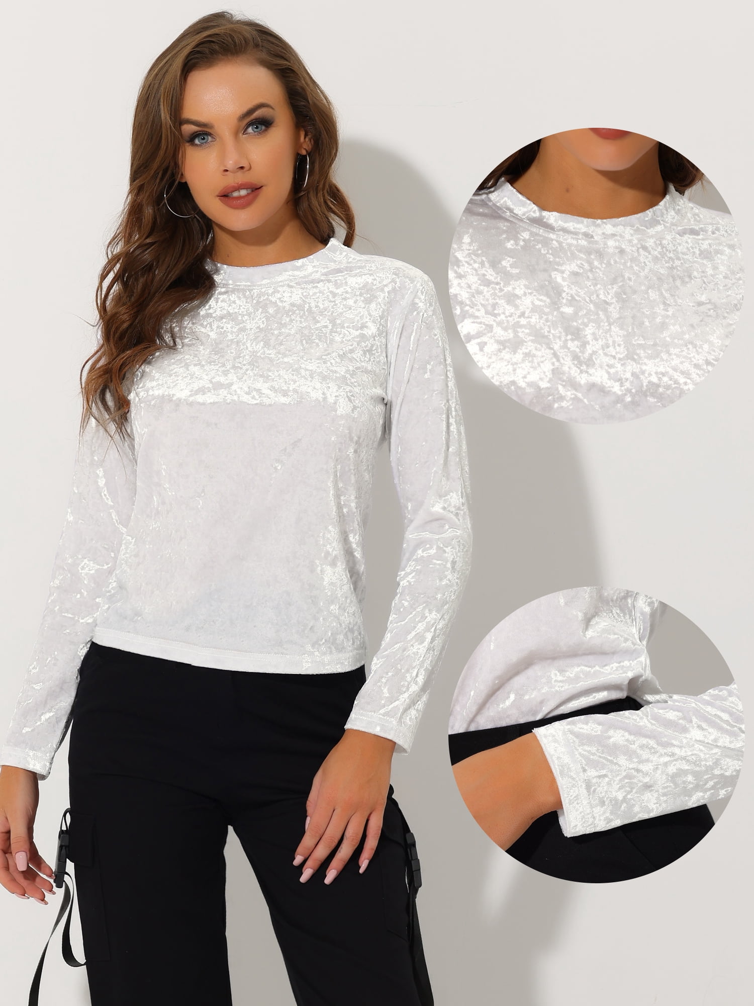 DARING DIVA Velvet Tops Round Neck Casual T-Shirt S White